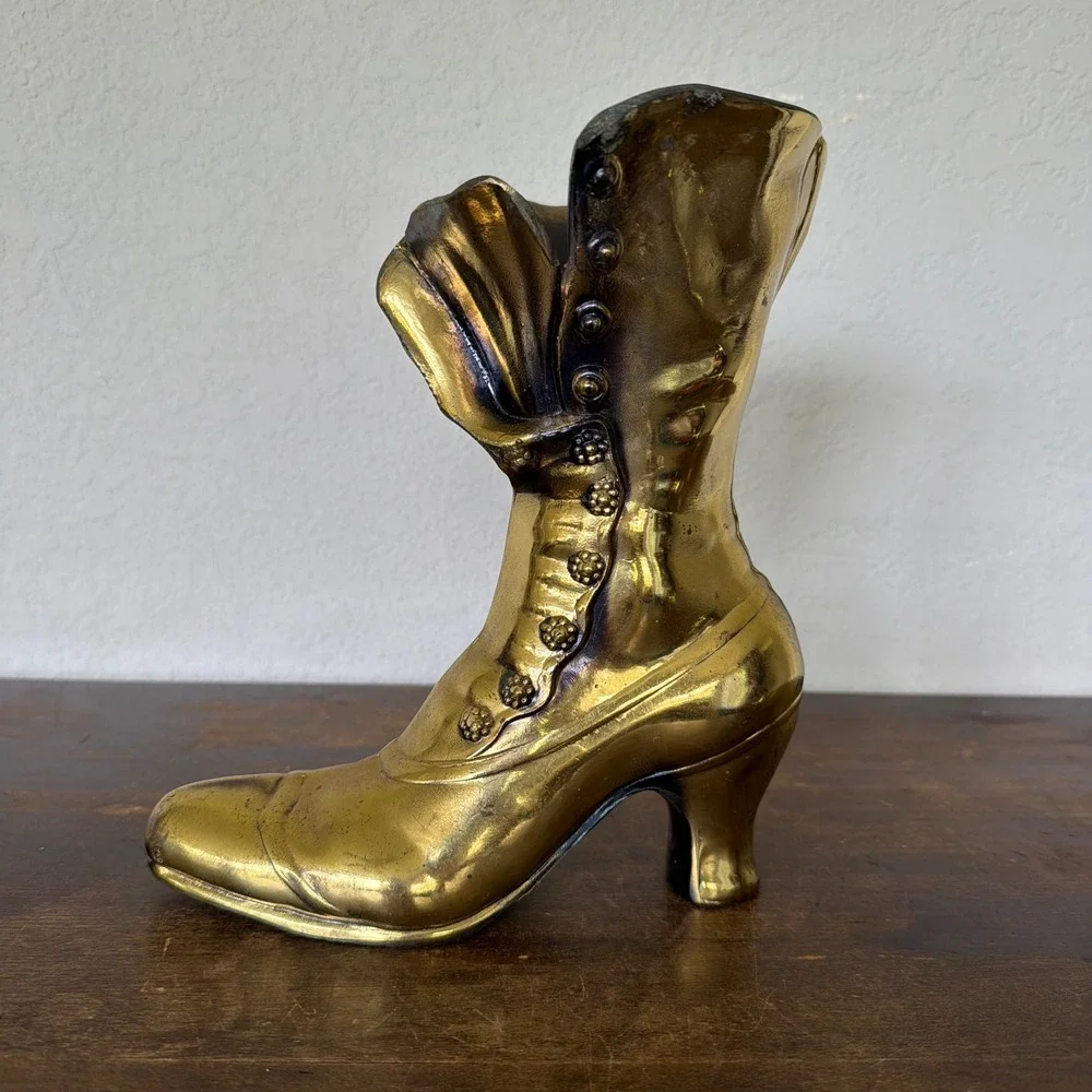 Vintage Brass Victorian Lady's Boot Shoe Vase Planter Door Stop Heavy Gold‎ Tone